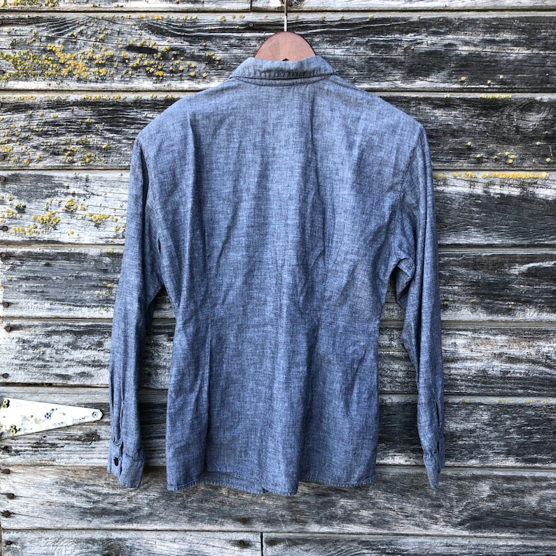 Vintage GUESS blouse chambray long sleeve 80s 90s Georges Marciano 1990s top shoulder pads fitted size 4 M medium gift