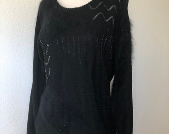 Vintage black beaded angora sweater 80s glam 1980s embellished sequin black sweater dolman sleeve abstract 90s goth witch witchy M/ L gift