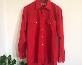 Vintage red western shirt Pearl snap buttons long sleeve cowboy shirt rockabilly retro men’s M 44” unisex