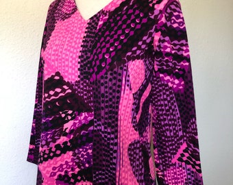 Vintage psychedelic tunic top blouse neon pink purple abstract geometric 60s mod 1960s atomic retro groovy hippie festival Sears Hawaiian