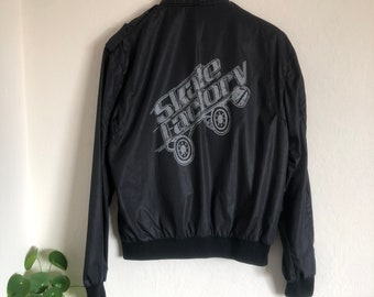 Vintage black jacket 80s roller skating 1980s custom graphic Skate Factory zip up Members Only style windbreaker Stranger Things unisex vtg