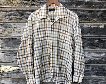 Vintage Towncraft shirt mustard yellow brown plaid long sleeve paper thin sheer distressed grunge shirt retro 60s 70s JCPenney men L large