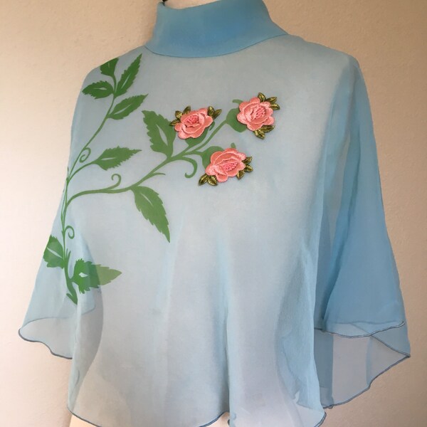 Vintage sheer capelet floral embroidered cape, 60s baby blue pastel top, 1960s sheer cape, pink rose embroidery, vtg cape, size Small S