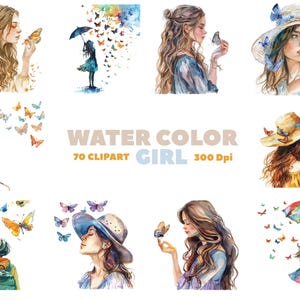 Watercolor Girl with Butterfly Clipart: 70 PNG Images (Digital Download