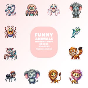 Watercolor Funny  Animals Collection Clipart, 500+ PNG Funny Grumpy Safari Animals Clipart, Cartoon Pet Prints Bundle, Commercial Use