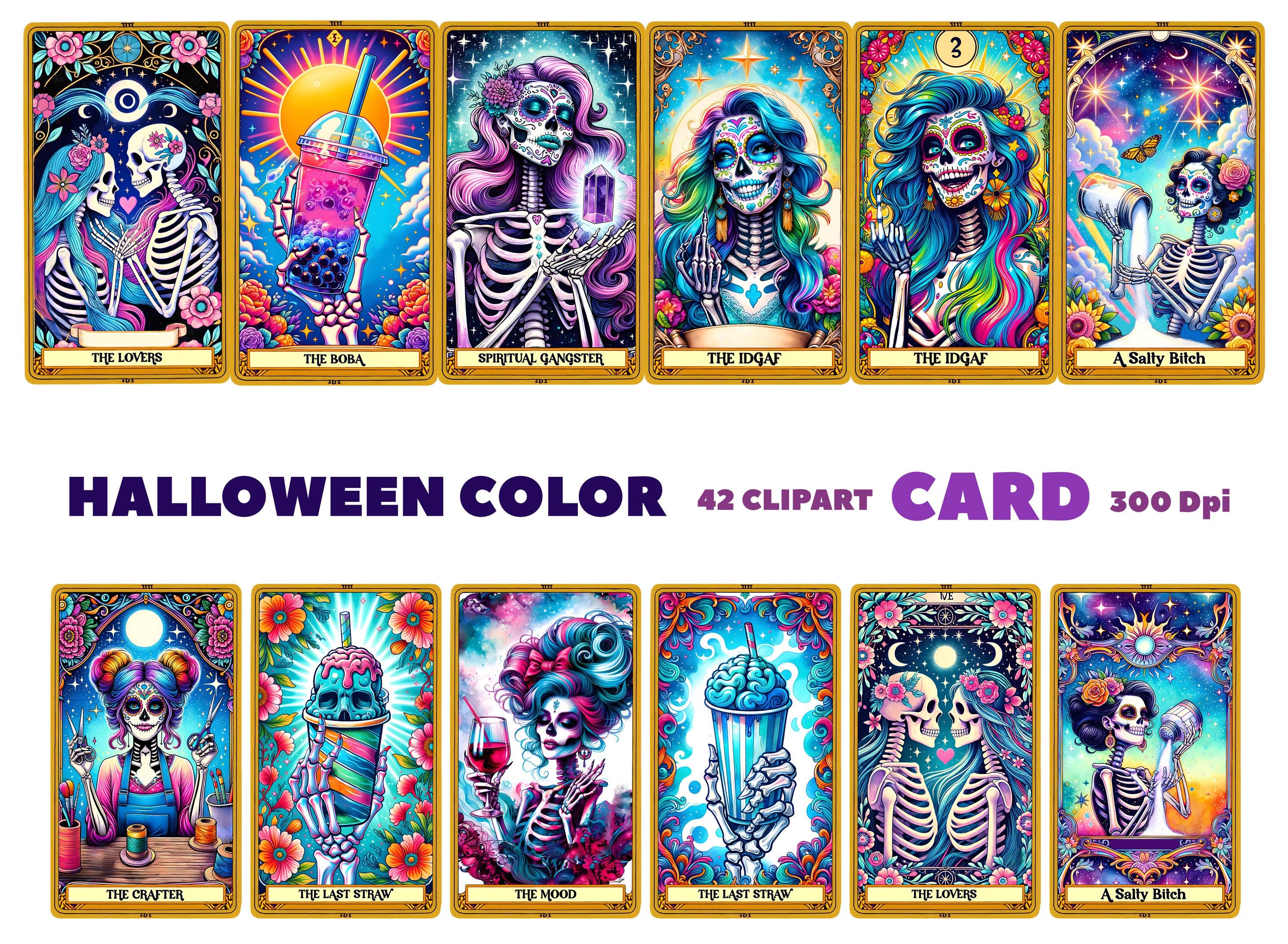 Funny Tarot Card PNG Bundle: Sarcastic Skeleton Skull Clipart (Digital Download)