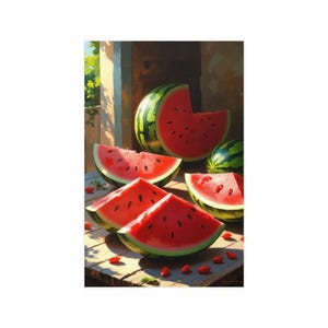 Watermelon Wall Art Print  Juicy Red Slices on Rustic Wooden Table, Summer Kitchen Decor