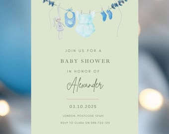 Edytowalne zaproszenie na baby shower dla chłopca: minimalistyczne zaproszenie Oh Boy (do pobrania cyfrowego)