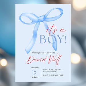 Blue Bow Baby Shower Invitation Template Printable, Baby Boy, Blue Coquette Baby Shower Invite, Baby Shower Invitation Boy Coquette Bow