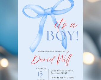 May include: A light blue baby shower invitation with a watercolor bow and the text "It's a BOY!". The invitation includes the name "David Will", date, time, address, and RSVP information.