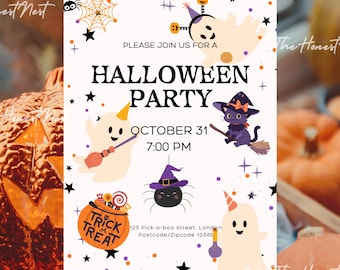 May include: A Halloween party invitation with a festive design. The invitation features ghosts, a witch, a spider, and the text "Halloween Party" with the date and time. Pumpkins and candles are in the background.