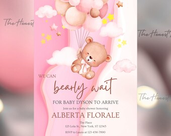 Teddy Bear Baby Shower Invitation: Gender Neutral, Bear with Balloons (Digital Download)