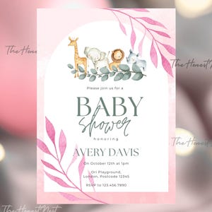 Safari Jungle Baby Shower Invitation | Wild One Theme | Editable Safari Animals Party Invite | Printable Baby Shower Template