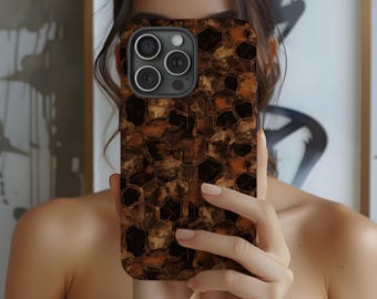 Funda de lujo con diseño de carey y diseño de panal de abeja de mármol marrón. Elegante y resistente funda de regalo para iPhone X-17, Air Pro Max y Samsung S20-S25.