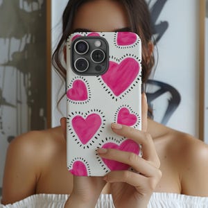 Pink Heart Phone Case, Aesthetic Love Pattern Gift for Her Cute Cover for iPhone 7–16 Plus Pro Max & Samsung S21–S24 Tough Case