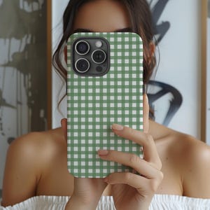 Sage Green Gingham Phone Case, Retro Checkboars Plaid Tough Cover İphone 7-16 Plus Pro Max & Samsung S21-S24