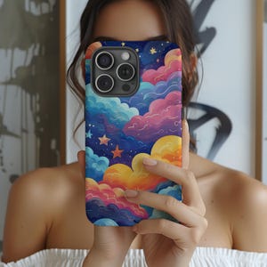 Celestial Clouds & Stars Phone Case, Aesthetic Pastel Sky Tough Cover for iPhone 7–16   Samsung S21–S24