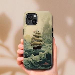 Custodia per telefono con barca a vela vintage nautica, design di nave costiera oceanica, regalo per gli amanti del mare, custodia resistente per iPhone 7–16 Pro Max e Samsung S21–S24
