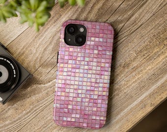 Pink Mosaic Phone Case, Iridescent Tile Design, Protective Dual Layer Tough Cover for iphone 7-16 Plus Pro Max & Samsung S20-S25