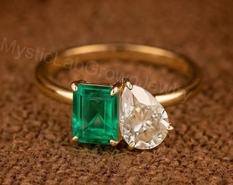 14K Yellow Gold Bridal Ring, Emerald Cut Green Emerald & Side Pear Diamond Wedding Ring, Two Stone Anniversary Ring, Engagement Ring For Her