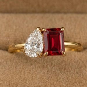 Emerald Cut Red Ruby & Pear Cut Wedding Ring, Classic Prong Setting Anniversary Ring, Two Stone Engagement Ring, 10K Yellow Gold Bridal Ring