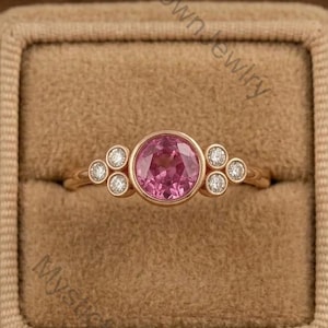 14K Yellow Gold Round Pink Sapphire Cluster Ring, Bezel Setting Engagement Anniversary Band