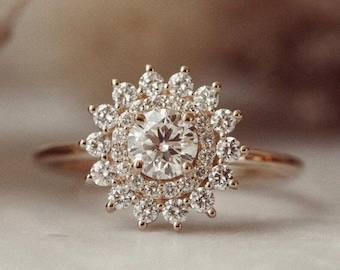 1.0 Ct Round Cut Moissanite Engagement Ring, 14K Solid Yellow Gold Anniversary Ring, Double Halo Wedding Ring, Prong Setting Proposal Ring.