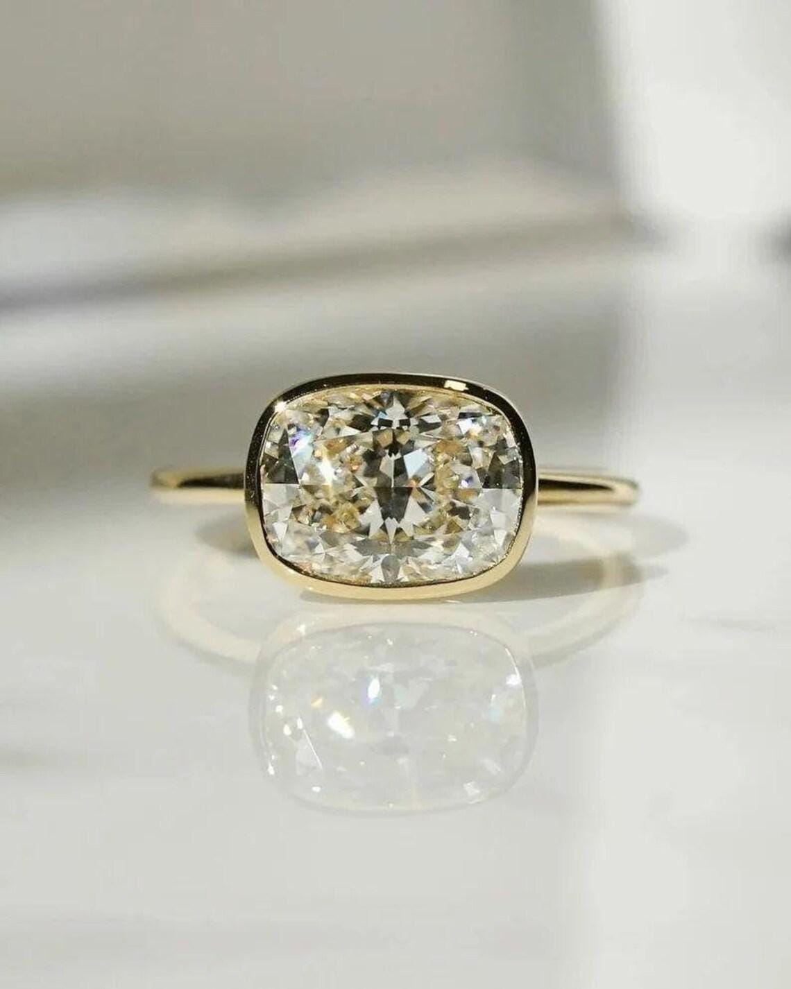 18K Gold Cushion Cut Lab Diamond Engagement Ring: Bezel Set