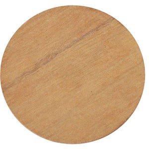 May include: A round, light brown wooden coaster with a natural wood grain pattern. The coaster is circular and appears to be made of a single piece of wood. The surface is smooth with a subtle variation in color.