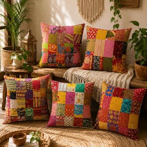 Vintage Kantha Patchwork Cushion Cover, Boho Cotton Throw Pillow Cover, Hand Quilted Indian Accent Pillow Case, Upcycled Vintage Decor