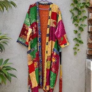Vintage Kantha Patchwork Kimono Robe, Colorful Boho Long Jacket, Handmade Indian Cotton Duster, Reversible Coat, Festival Wear