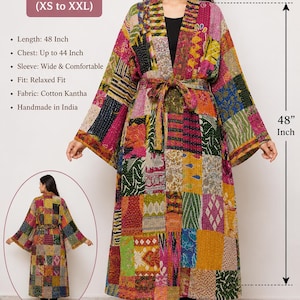 Könnte beinhalten: Ein langärmeliger Kimono mit einem mehrfarbigen Patchwork-Muster aus verschiedenen geometrischen und floralen Drucken. Das Kleidungsstück hat einen Bindegürtel, eine Länge von 122 cm und eine lockere Passform. Der Text auf dem Bild enthält Kimono, 48 Inch Length, FREE SIZE (XS to XXL) und weitere Produktdetails.