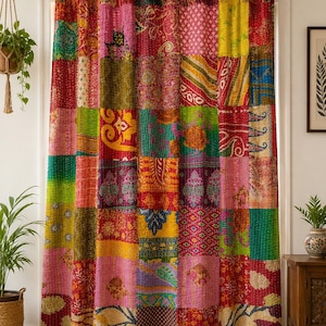 Vintage Kantha Curtain, Handmade Indian Cotton Window Panel, Boho Patchwork Curtain, Recycled Sari Home Decor