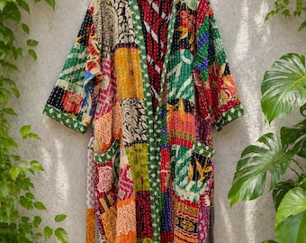 Vintage Kantha Patchwork Kimono, Colorful Boho Long Jacket, Handmade Indian Cotton Duster, Hippie Festival Coat