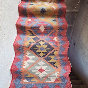 Vintage Handmade Stair Kilım Runner Rug Large Rug Wool Jute Hallway Rug Bohemian Handwoven Boho Outdoor Stair Runner Kilim Stair Runner
