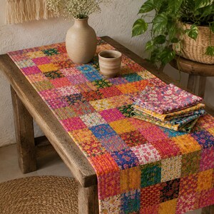 Boho Kantha Patchwork Table Runner, Handmade Recycled Cotton Table Linen, Vintage Indian Dining Runner, Farmhouse Home Decor