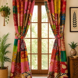 Handgemaakt Kantha patchwork gordijn, vintage raampaneel van gerecycled katoen, boho Indiase gordijnen, kleurrijke woondecoratie