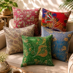 Boho Kantha Throw Pillow Covers Set of 5 Vintage Indian Patchwork Cushion Cases Handmade Recycled Cotton Housewarming Gift