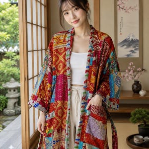Vintage Kantha Patchwork Kimono Jacket, Handmade Cotton Quilted Robe, Boho Festival Duster Coat, Reversible Indian Printed Dressing Gown