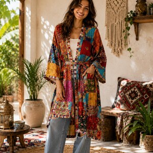 Handmade Kantha Patchwork Kimono, Vintage Recycled Cotton Jacket, Boho Quilted Robe, Indian Women Cover Up
