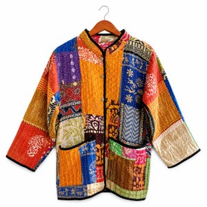Kantha Patchwork Coat Women 1 Pcs, Vintage Indian Handmade Quilted Jacket