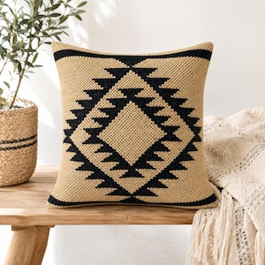 Handmade Woven Throw Pillow Cover, Boho Tribal Cushion, Black Beige Geometric Pillow