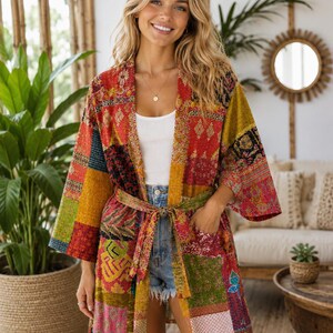 Handmade Kantha Patchwork Kimono, Vintage Recycled Cotton Jacket, Boho Quilted Robe, Indian Women Cover Up