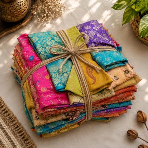 May include: A stack of folded fabric squares in various vibrant colours including magenta, turquoise, lime green, purple, and gold. Each piece features intricate metallic floral and paisley patterns. The entire collection is tied together with twine.