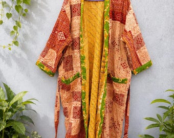 Vintage Kantha Kimono, Handmade Reversible Cotton Jacket, Indian Quilted Kimono Cardigan, Boho Layering Jacket