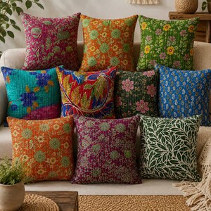 Handmade Kantha Cushion Cover, Vintage Recycled Cotton Pillow Cover, Boho Patchwork Throw Pillow Case, Indian Home Decor