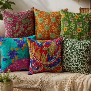 Vintage Kantha Cushion Cover, Handmade Cotton Patchwork Pillow Case, Colorful Boho Sofa Decor, Indian Throw Pillow