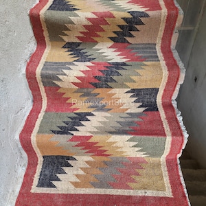 Vintage Handmade Stair Kilım Runner Rug Large Rug Wool Jute Hallway Rug Bohemian Handwoven Boho Outdoor Stair Runner Kilim Stair Runner