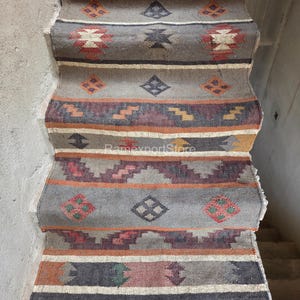 Vintage Handmade Stair Kilım Runner Rug Large Rug Wool Jute Hallway Rug Bohemian Handwoven Boho Outdoor Stair Runner Kilim Stair Runner