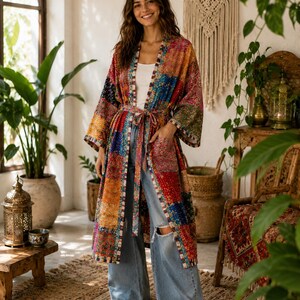 Vintage Kantha Patchwork Kimono Jacket, Handmade Cotton Quilted Robe, Boho Festival Duster Coat, Reversible Indian Printed Dressing Gown